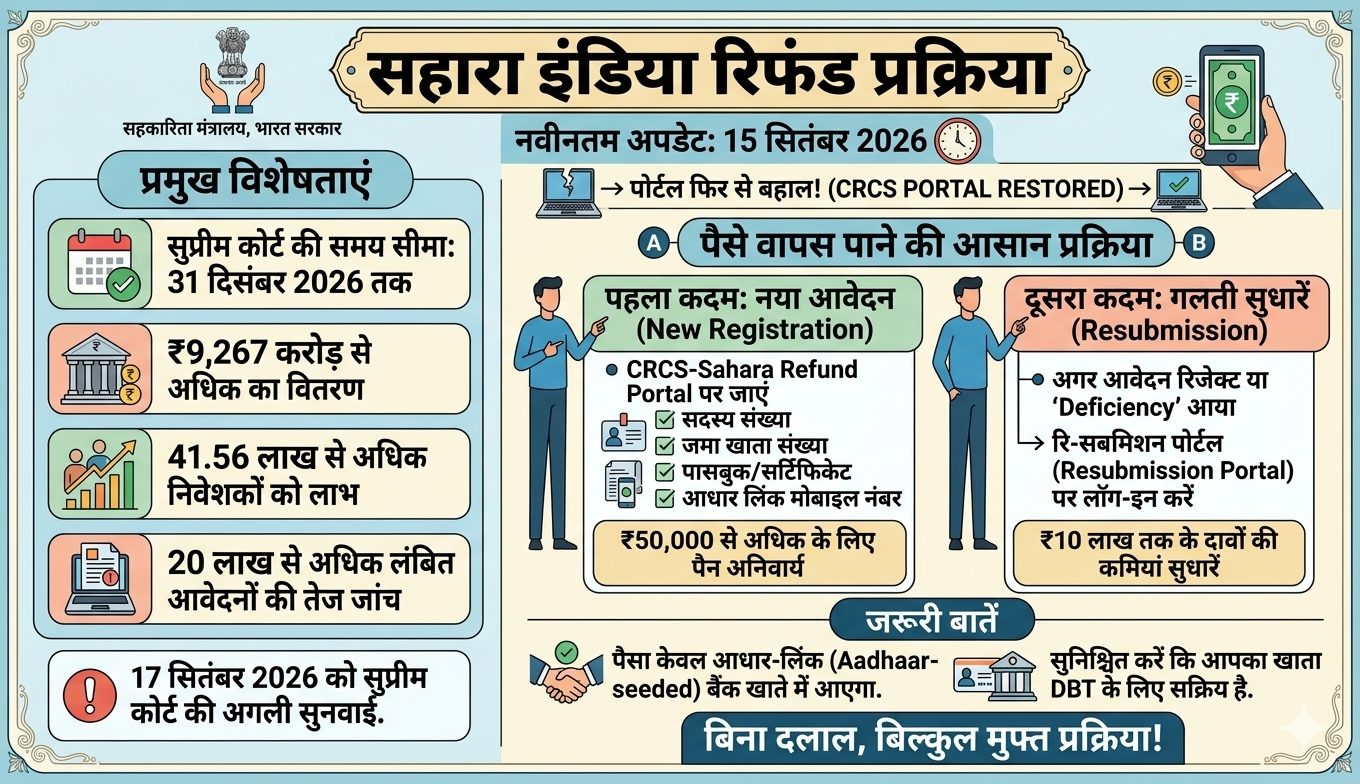 सहारा इंडिया (Sahara India) में फंसे हुए पैसे की वापसी को लेकर भारत सरकार और सहकारिता मंत्रालय की तरफ से बड़ी राहत, CRCS-Sahara Refund Portal को फिर से पूरी तरह बहाल कर दिया है